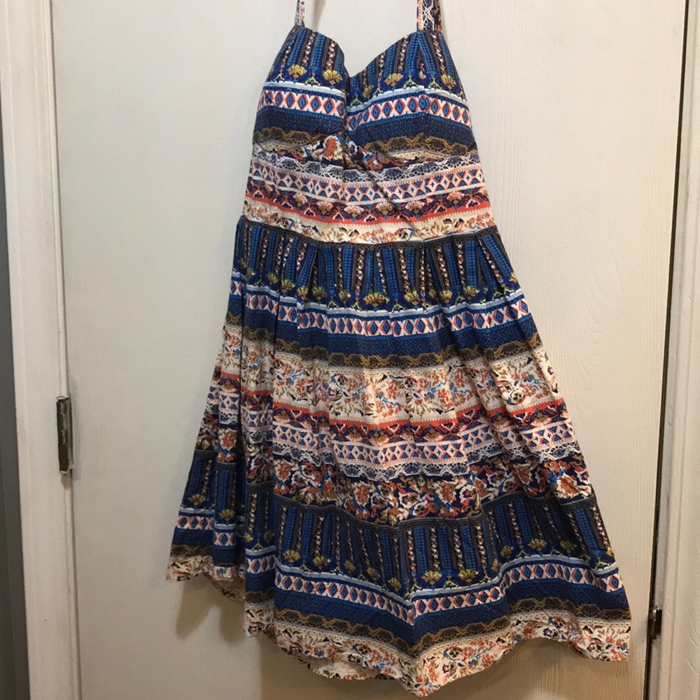Colorful halter style mini dress, medium.